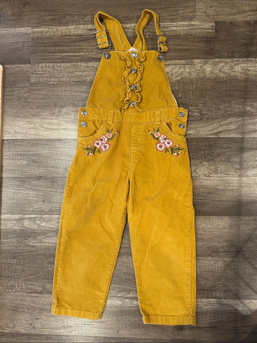 Mustard Yellow Corduroy Kids Overalls with Floral Embroidery Size 4T